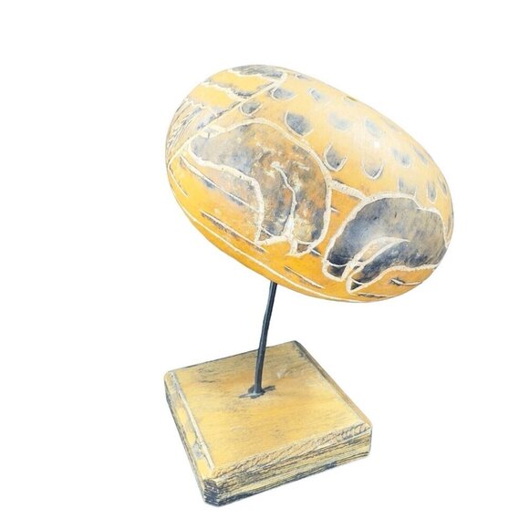 Peruvian Hand Carved Gourd On Wood Stand Leoncio Veli Peru Hand Made Sculpture - Picture 4 of 16